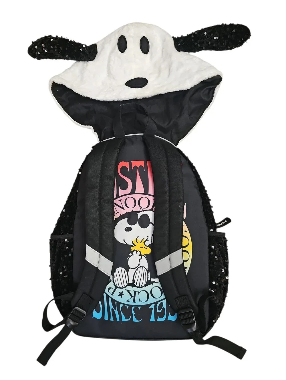 Justice Peanuts Snoopy Black Sequir Backpack Hooded Fuzzy Pocket EUC